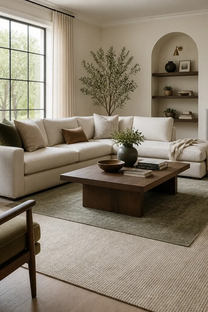 A large neutral rug anchors most of the floor. A second rug sits only under the open section near the sofa corner, leaving part of the anchor visible. The coffee table is partly on the second rug.