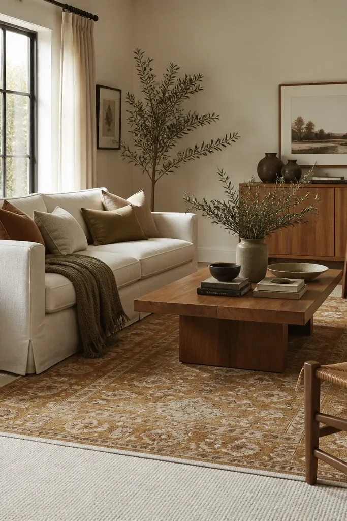 A soft white base rug covers the floor. An ochre rug with subtle pattern sits on top, centered under the coffee table, with white border visible. The room has warm wood furniture.