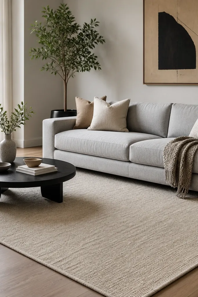 A modern living room with a low, light-gray sofa. An oat-beige flatweave rug sits centered, with the sofa's front legs clearly on the rug. Hardwood floor shows around the edges.