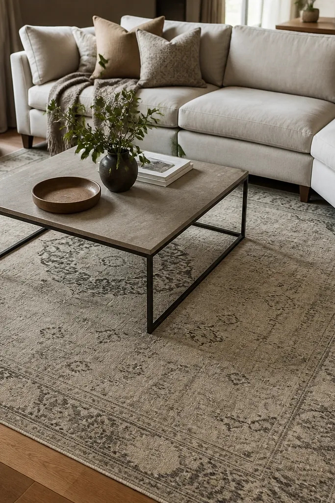 A greige rug with a subtle medallion motif and thin charcoal lines. The rug sits under a coffee table, with a sectional's front legs partly on it. Warm hardwood frames the rug edges.