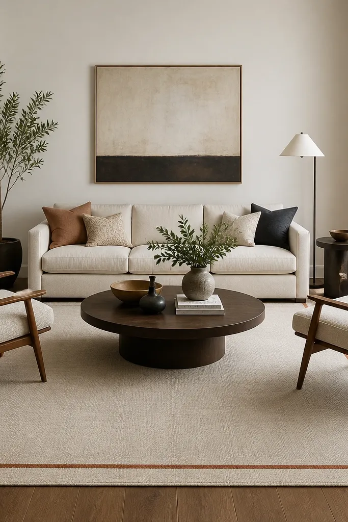 A neutral rug with a terracotta border line, placed under a sofa and two accent chairs. The border is visible near the rug edges, and hardwood shows around the perimeter.