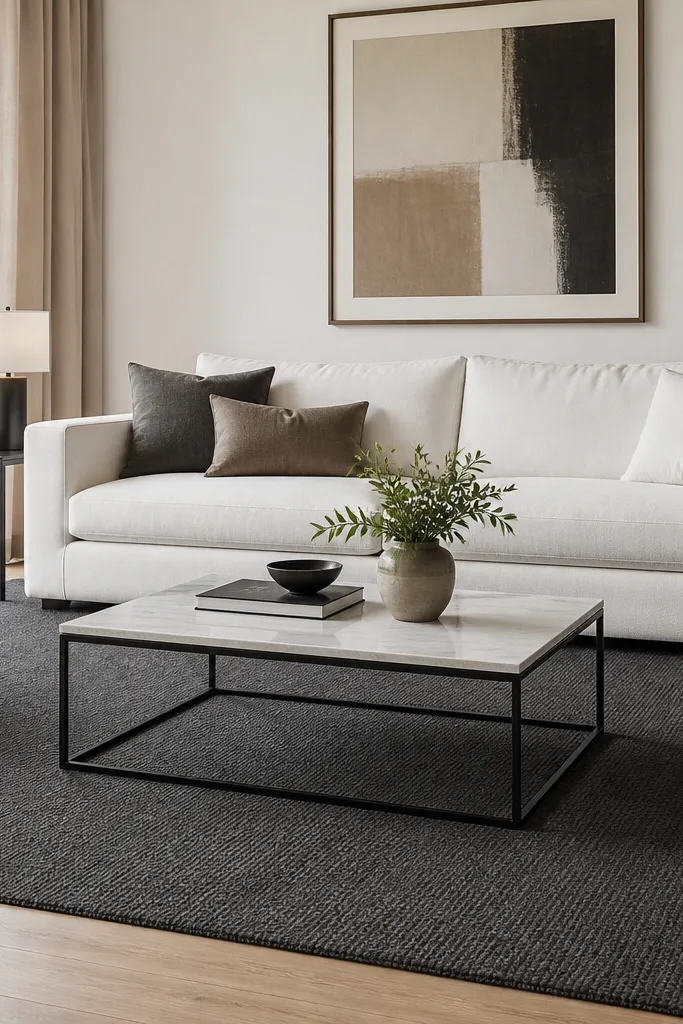 A charcoal-gray rug with a subtle micro-pattern. A white modern sofa sits on top with front legs on the rug, and the coffee table is centered.