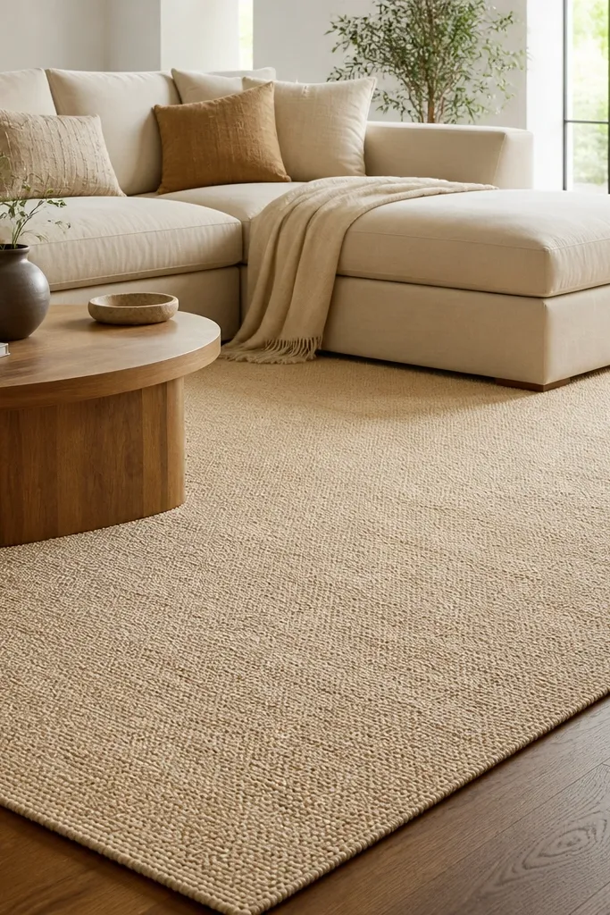 A light sand rug with visible wool texture but no long shag. It sits under a beige sectional; the rug edges are straight and clean on hardwood.