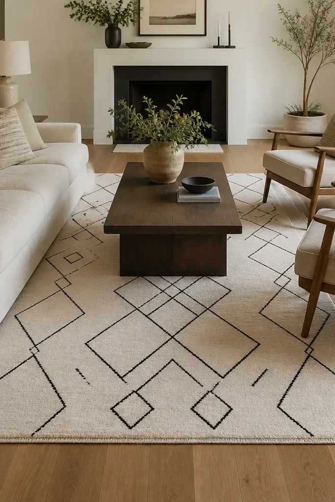 A cream rug with black geometric lines. It's longer than it is wide and placed lengthwise under a sofa and two chairs. Hardwood shows at both ends.
