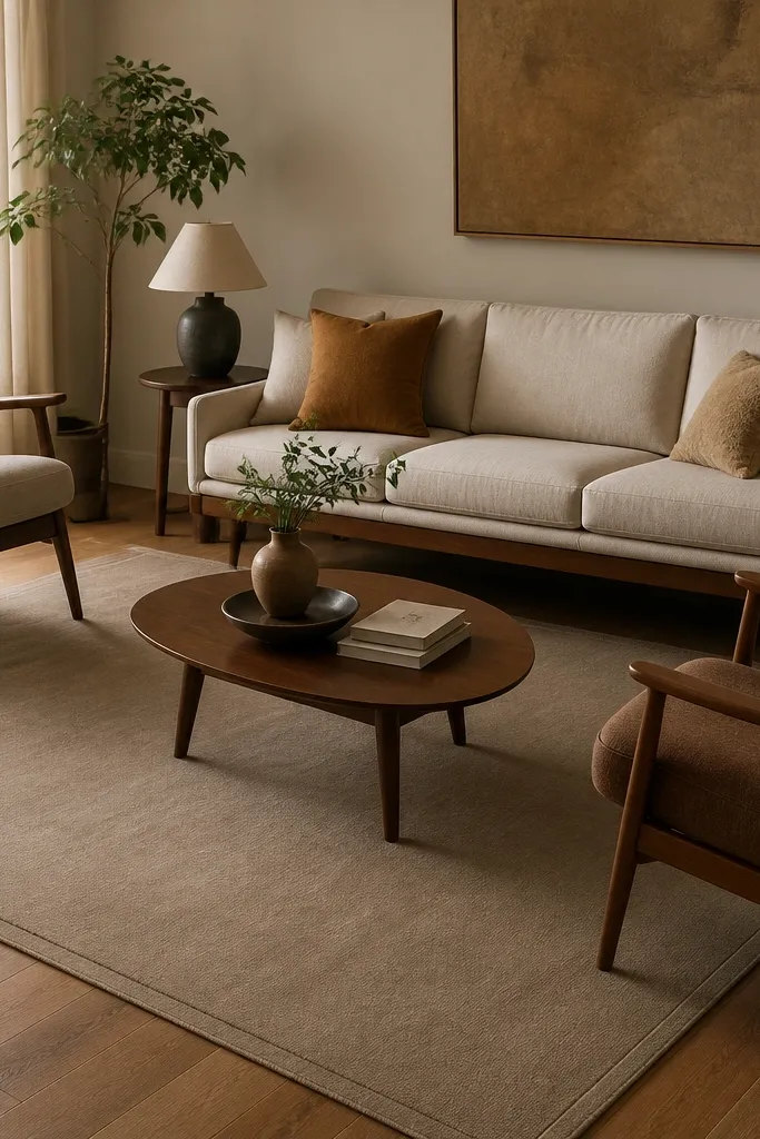 A warm taupe rug that looks almost solid, with a subtle low-profile border. It sits under a mid-century style sofa and a pair of lounge chairs.