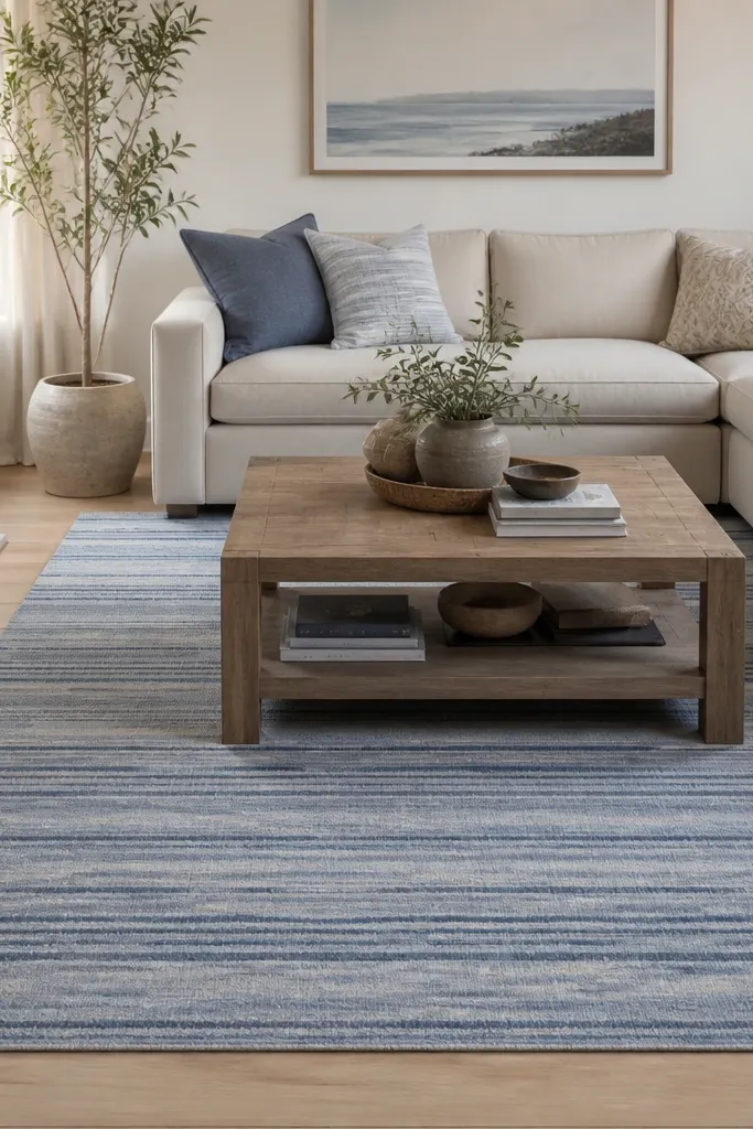 A blue-gray striped rug with gentle contrast. The stripes run horizontally beneath a couch and coffee table, with light hardwood visible around the edges.