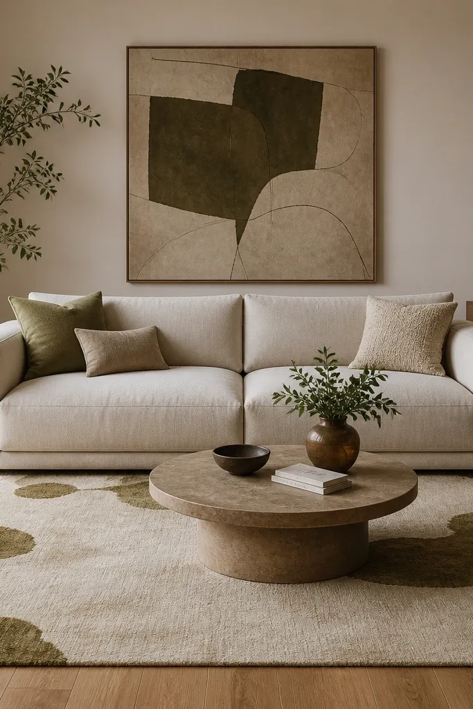 An abstract rug with olive patches on an oat base. A neutral sofa sits centered, with the rug edges visible against the hardwood.