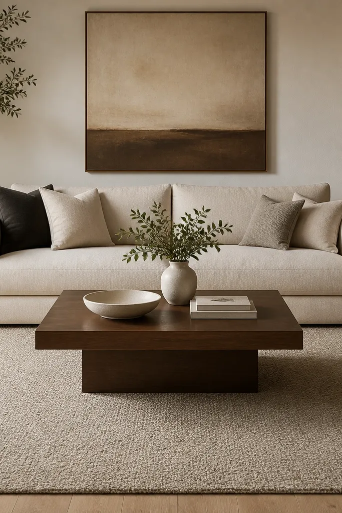 A taupe rug with a boucle-like texture and soft, speckled appearance. It sits under a cream sofa with front legs on the rug. The coffee table is centered.