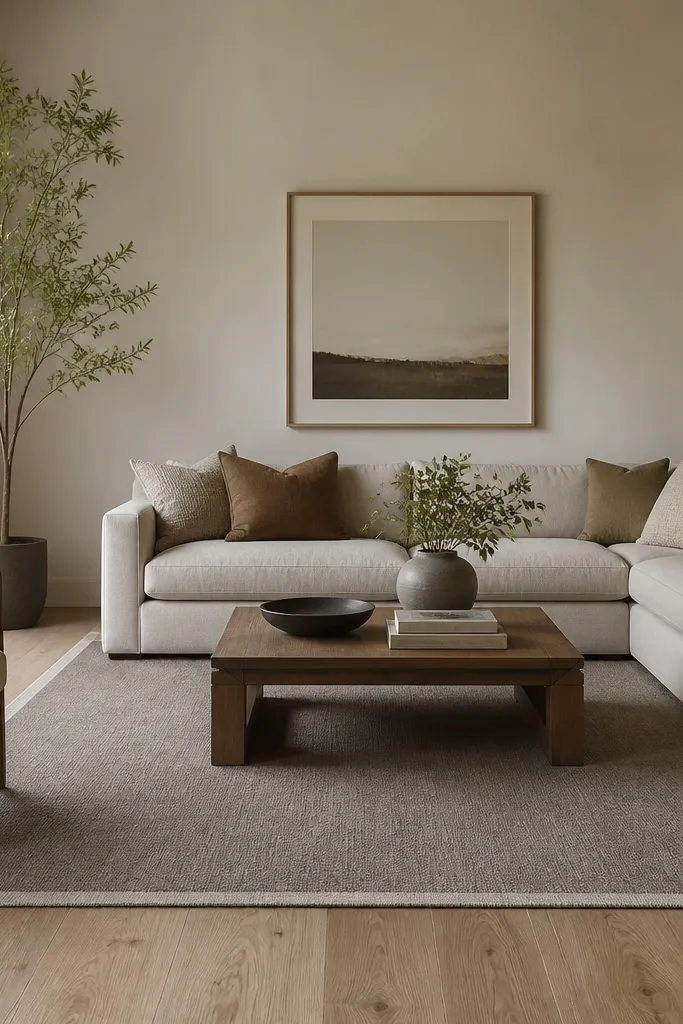 A warm gray rug with a simple border and crisp straight edges. It's placed under a sectional, with the rug aligned to the room's long wall.