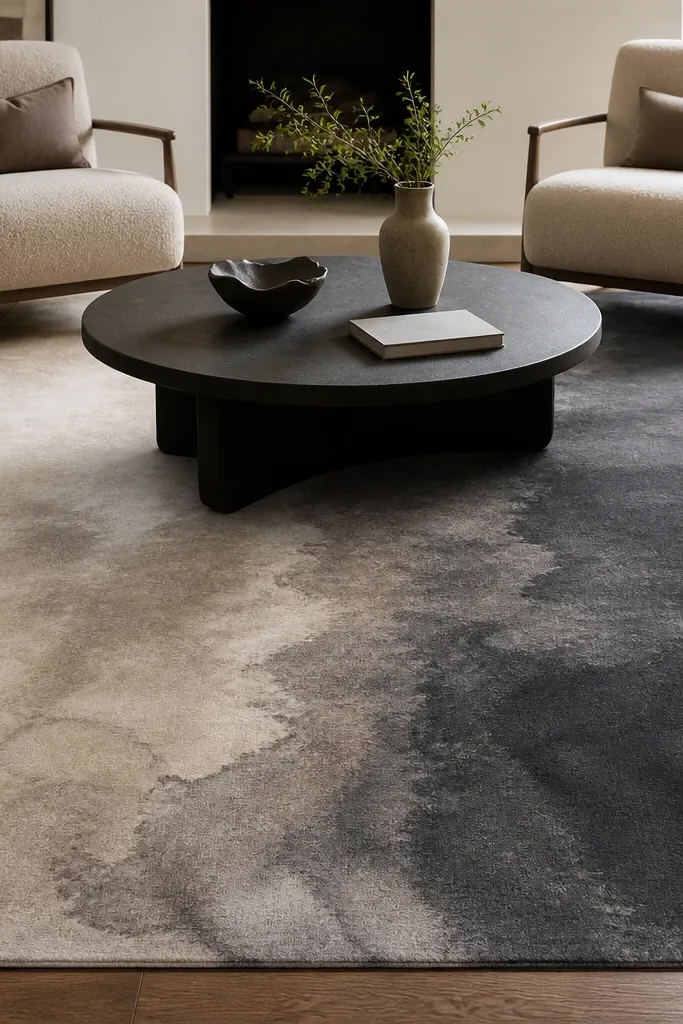 A rug with a watercolor-style wash: sand blended into charcoal. It sits under a modern coffee table and two armchairs, with hardwood visible around the edges.