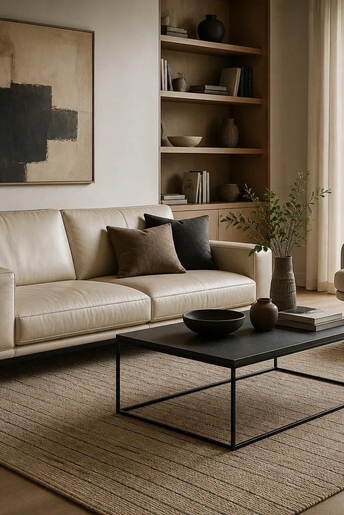 A modern living room with a cream leather sofa and a rectangular coffee table. The rug is a low-pile flatweave in sand with thin charcoal vertical lines, sized to sit under the sofa front legs and chair base.