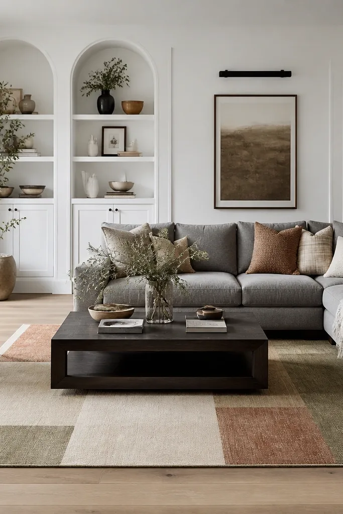 A contemporary living room with a white built-in wall and a gray sectional. The rug shows faded olive, muted clay, and off-white blocks arranged in a geometric grid, low pile with a slightly washed look.