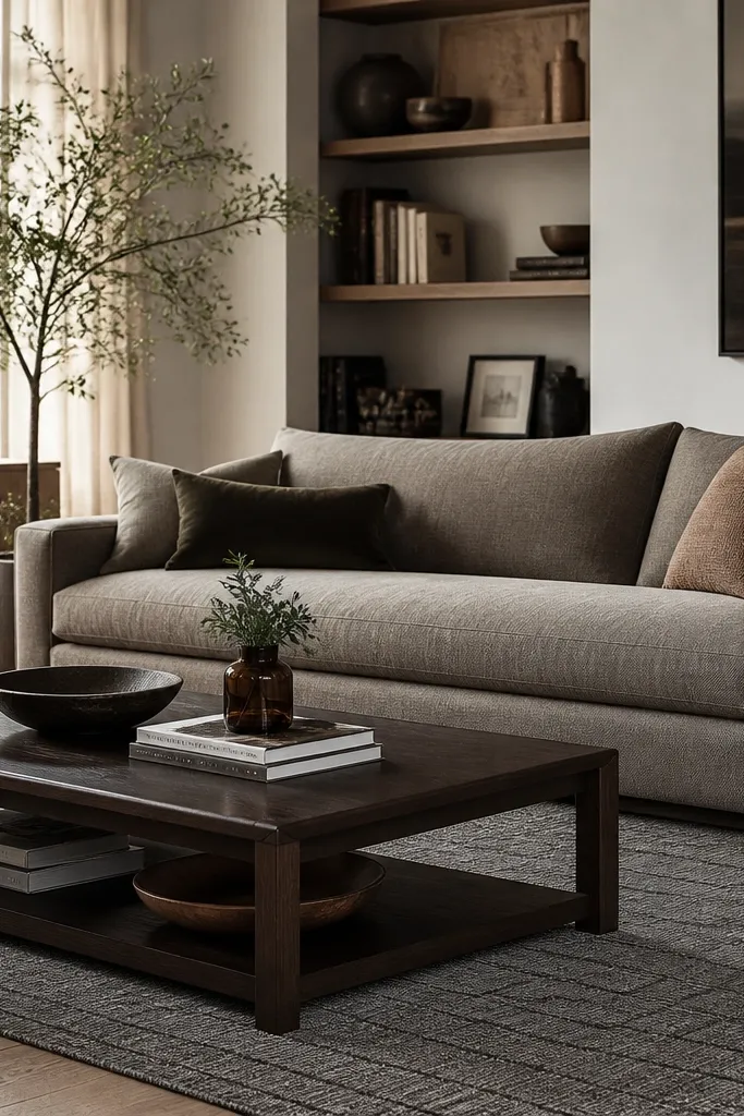 A living room with a warm gray sofa and a dark wood coffee table. The rug is warm gray with a tiny black grid pattern, very low pile, and it extends under the sofa front legs.