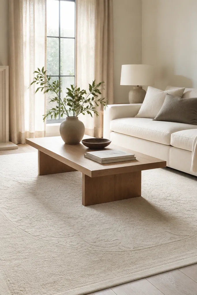 A bright living room with a cream sofa and natural linen curtains. The rug is ivory with a tonal medallion pattern - barely there, like raised weaving - and it's placed under the coffee table with a clean border.