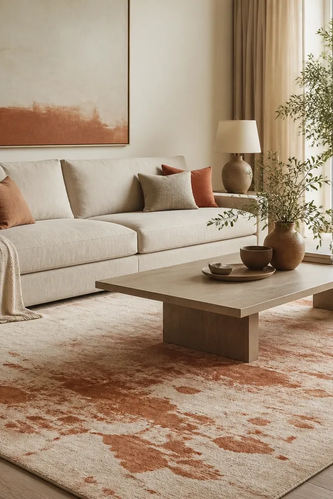 A modern living room with a light beige sofa and a rectangular coffee table. The rug is ecru with terracotta abstract splashes and soft edges, low pile, and it covers the area in front of the sofa.