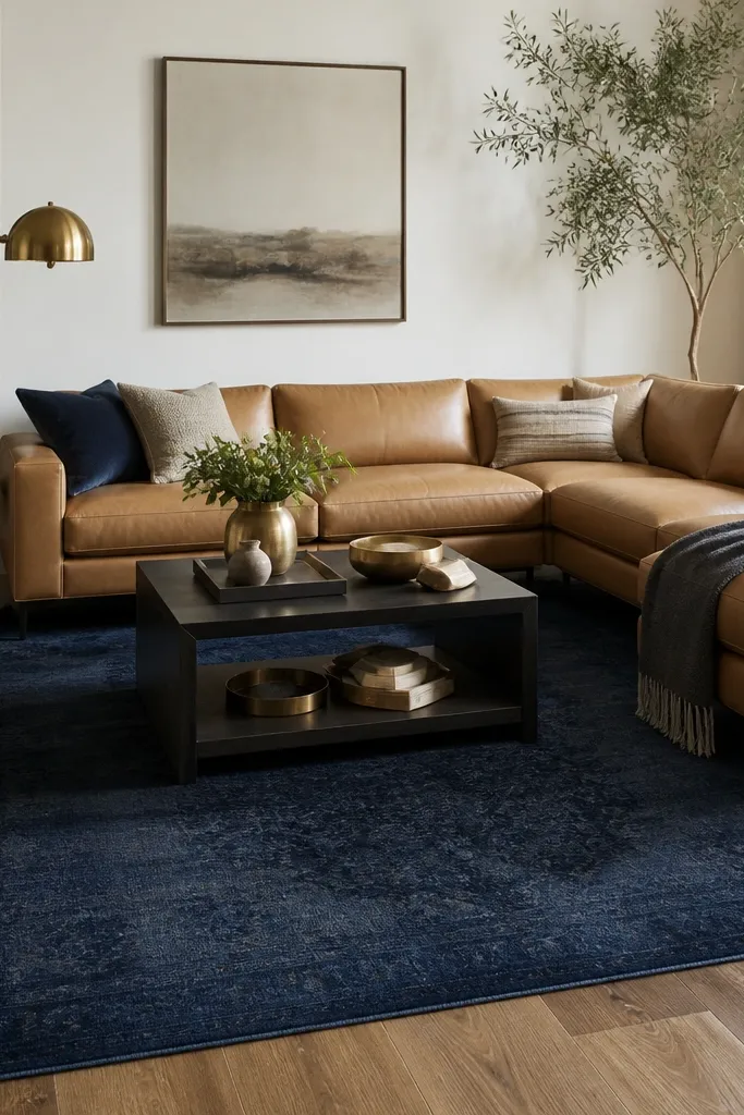 A living room with a light tan leather sectional and brass accents. The rug is deep navy with a subtle overdyed fade and slightly mottled texture, low pile, centered under the seating.