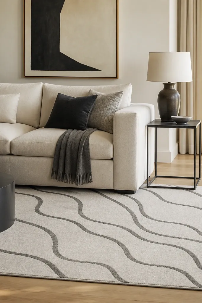 A living room with a cream sofa and black metal side table. The rug has charcoal wave lines on an off-white background, low pile, with a clean rectangular border.