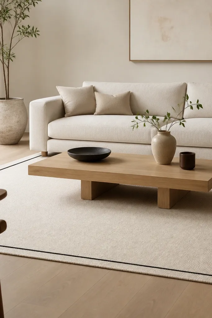 A minimalist living room with a cream sofa and a light wood coffee table. The rug is cream flatweave with a thin black border line around the edges, low pile and cleanly squared.