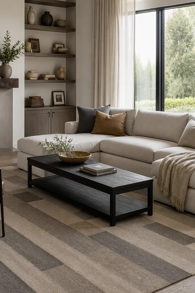 A contemporary living room with a sectional and a long narrow coffee table. The rug has long rectangular blocks in taupe and medium gray, arranged like a runner pattern but scaled to an 8x10.