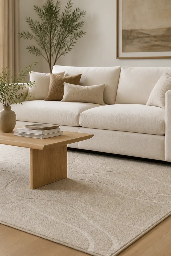 A living room with a light oatmeal sofa and pale wood. The rug is oatmeal with subtle abstract line patterns that look slightly glossy in places, low pile, and it sits under the front legs with a visible border.