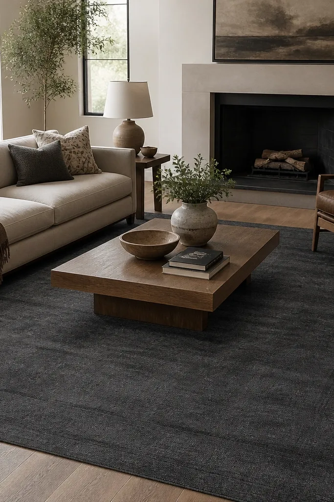 A living room with a charcoal rug covering most of the seating area. The rug is dark gray with a barely visible tonal pattern, low pile, and it extends beyond the coffee table edges.