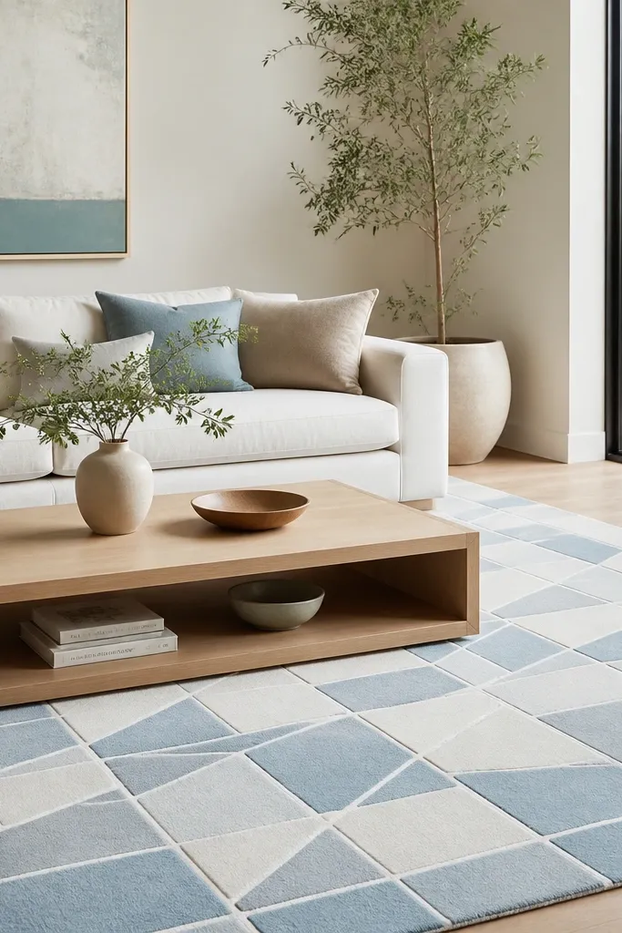 A modern living room with a white sofa and a light oak coffee table. The rug has a geometric tile pattern in chalk white and pale light blue, low pile with crisp lines.
