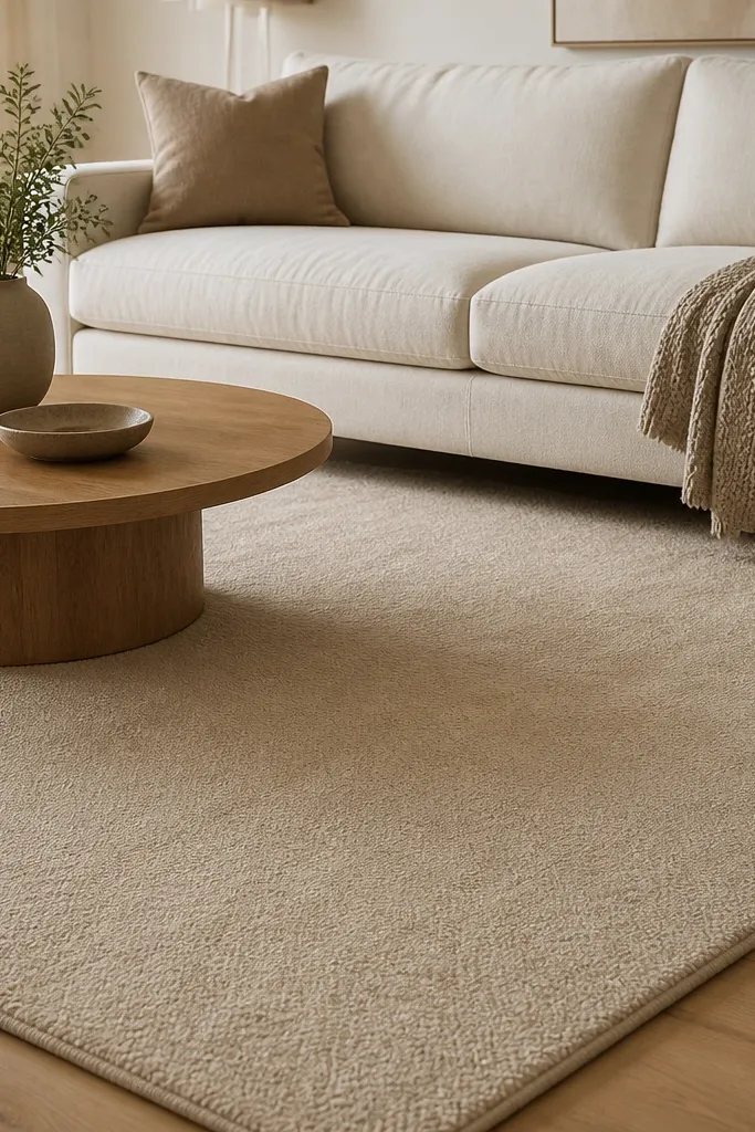 A living room rug in oatmeal-beige with a short, dense pile. The surface looks plush but not fluffy, with subtle tonal shading and no visible pattern. The edges are straight and clean, and the rug sits under a cream sofa and a round wood coffee table.