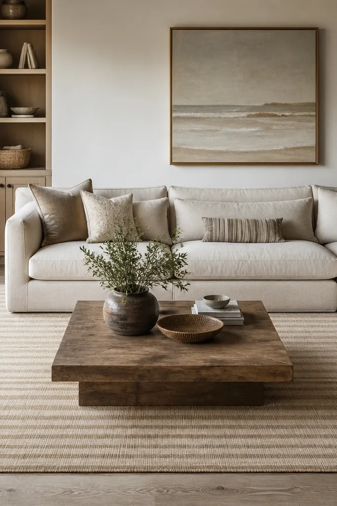 A neutral striped rug in sand, light taupe, and warm cream. The stripes are narrow and slightly faded, giving a soft vintage feel. It's placed horizontally under a sectional, with a coffee table centered on the rug.