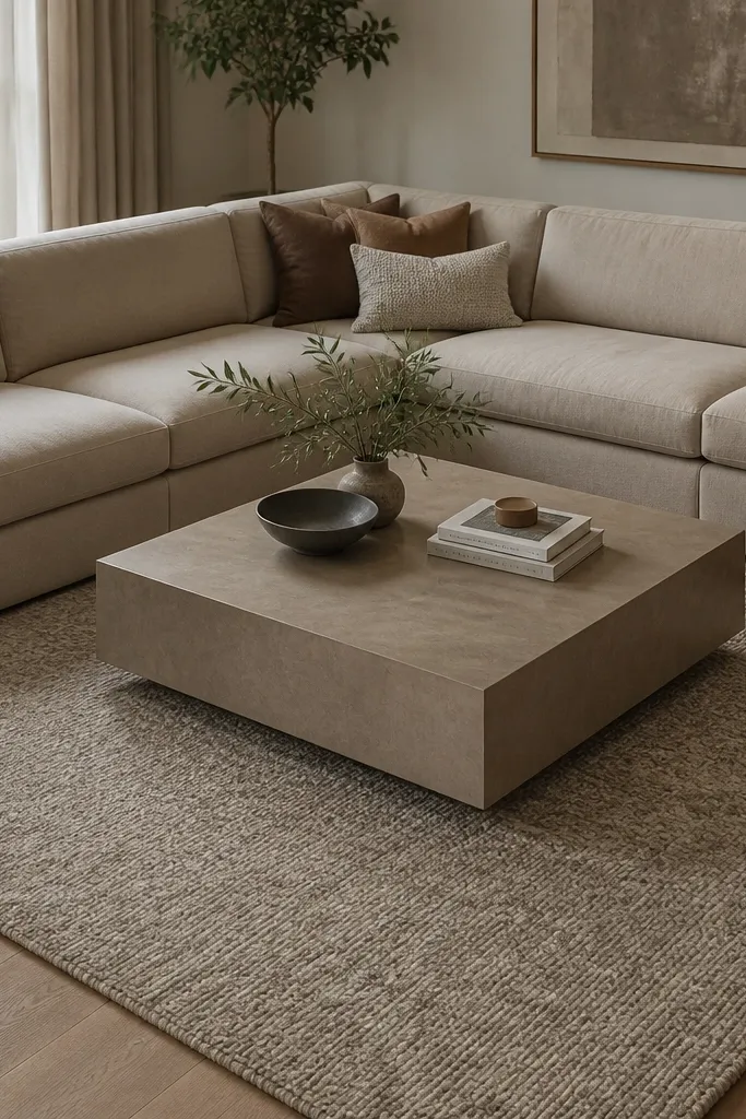 A greige rug with visible loop texture, like a tight shag but shorter and flatter. The surface has a mottled look with light and medium greige tones. It's centered under a square coffee table, with a beige sofa surrounding it.