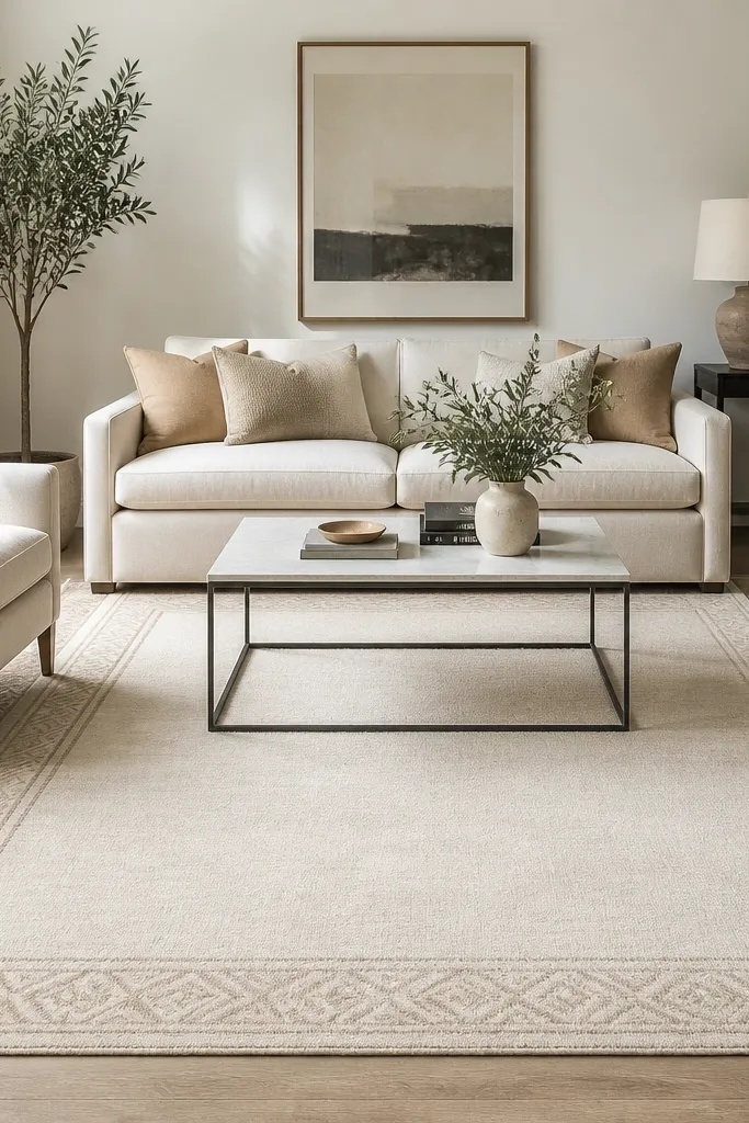 A neutral rug with a cream base and a subtle border in light taupe. The center looks more open and slightly lighter, while the border has a thin geometric line pattern. It's under a sofa with two armchairs.