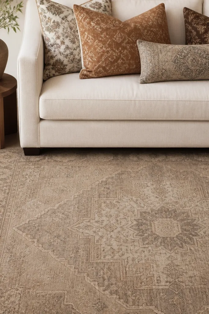 A warm taupe area rug with a medallion pattern that's faded and low contrast. The motifs are outlined lightly, not sharply black. The rug sits under a patterned throw pillow arrangement on a light sofa.