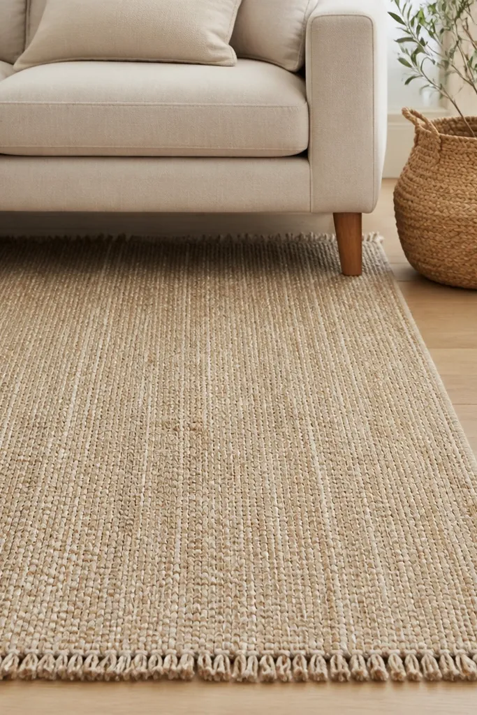 A woven oatmeal flatweave rug with a visible texture and short fringe on both ends. The weave shows slight color variation like oatmeal and cream threads. It's styled under a light sofa with a jute basket beside it.