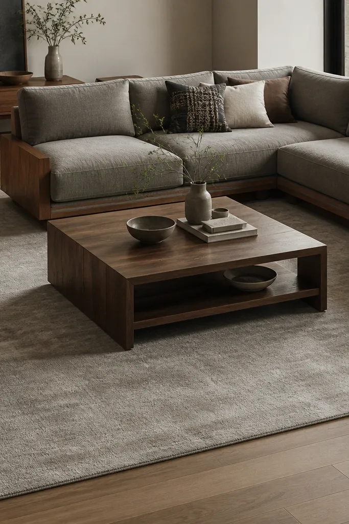 A stone gray rug with a subtle wool-like texture and faint mottling. The color is not pure gray; it has a soft, slightly warm undertone. It's placed under a gray sectional with warm wood accents.