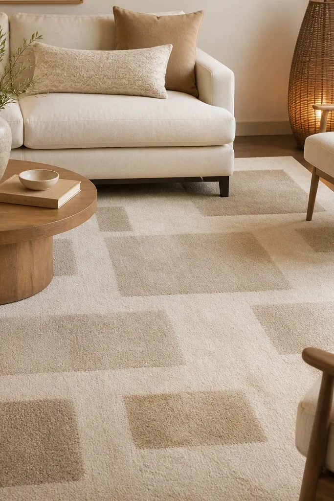 A cream rug with tan geometric blocks that look slightly softened, not crisp. The blocks vary in size and are arranged in a loose grid. The rug sits beneath a sofa and two chairs, with a woven basket lamp in the corner.