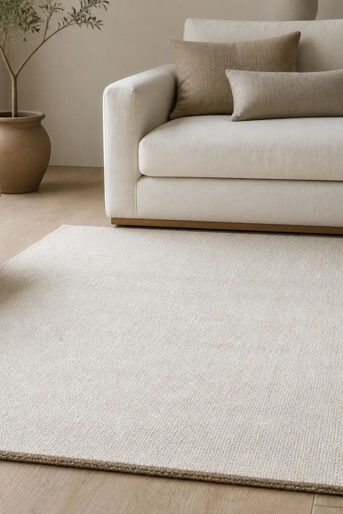A warm white rug with a very subtle texture and a slightly off-white tone. The surface looks like a dense weave, not a shag. The rug has a natural, earthy backing visible at the edges.