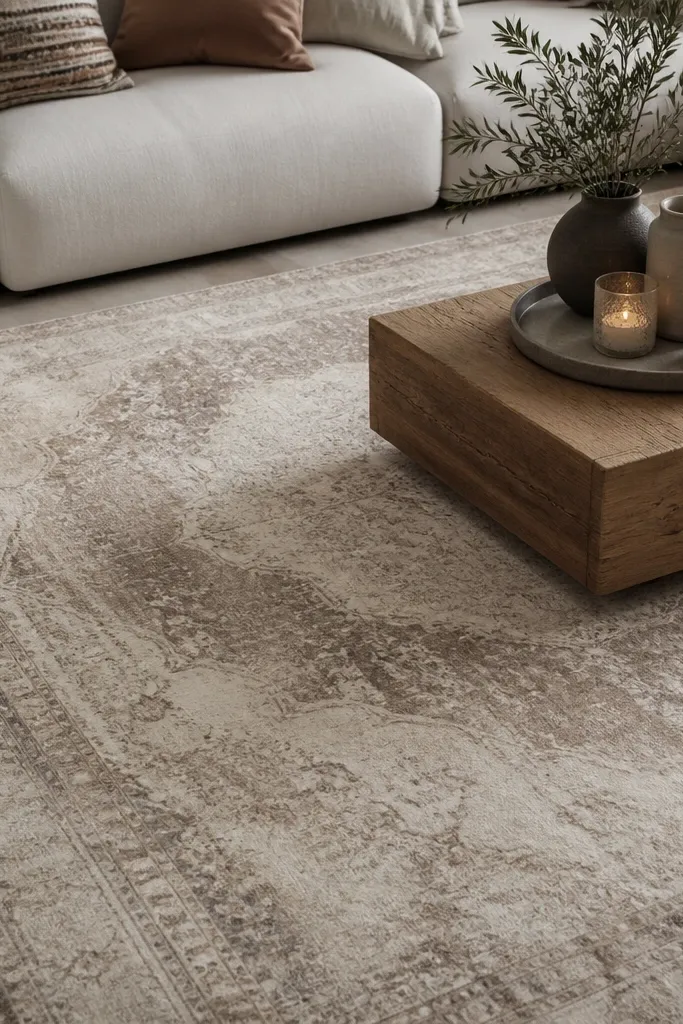 A taupe and cream distressed rug with a faded, worn-in look. The pattern is subtle, like a soft medallion or layered wash. It sits under a low coffee table with a tray and candles.