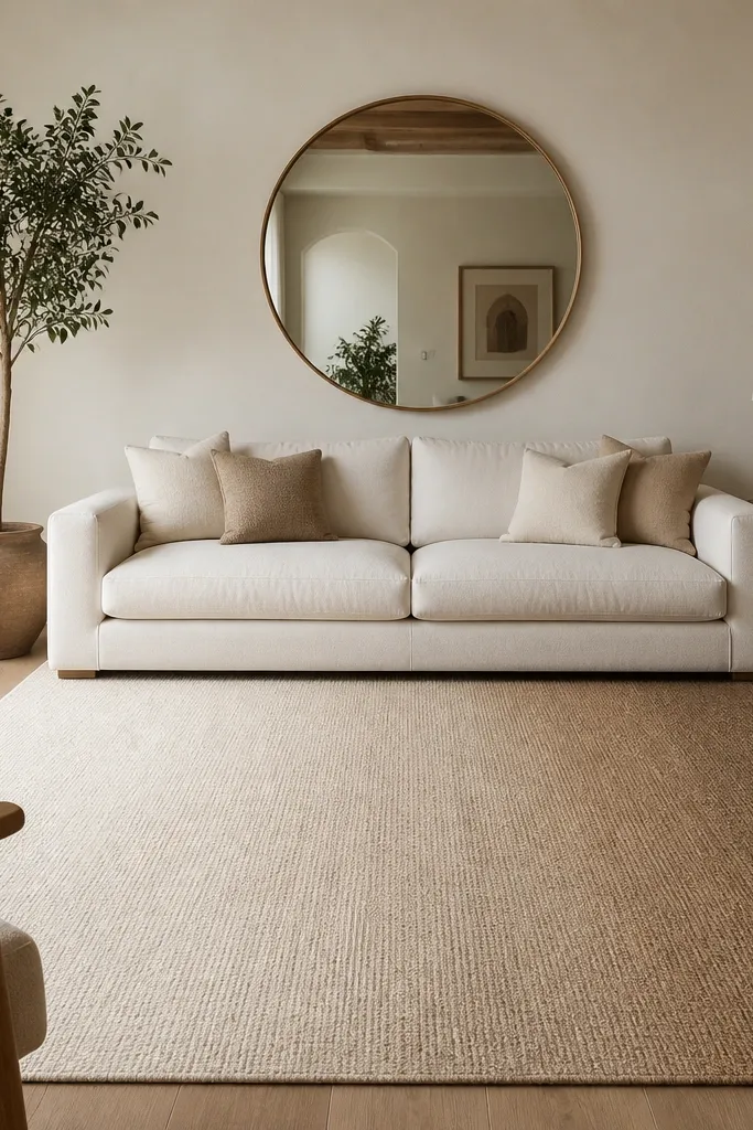 A rug that fades from cream at one side to cappuccino brown at the other. The gradient is subtle and smooth, with a textured surface. It's centered under a sofa, with a large round mirror on the wall.