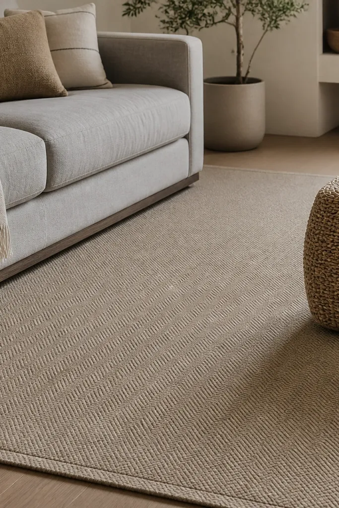 A warm greige rug with a micro-herringbone texture. The pattern is subtle, visible only when you look closely at the weave. It's placed under a light gray sofa, with a woven ottoman nearby.