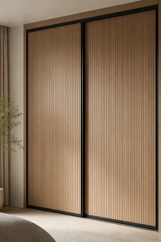 A tall sliding almirah with two door panels in matte oak finish. Each door has vertical channel grooves framed by slim black metal trims. The face is clean and flat with no visible handles, just a recessed pull line.