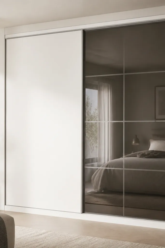 A sliding wardrobe in satin white. The left door is solid white with a thin silver frame; the right door has smoke tinted glass panels with a subtle grid pattern. The bottom has a clean plinth base.