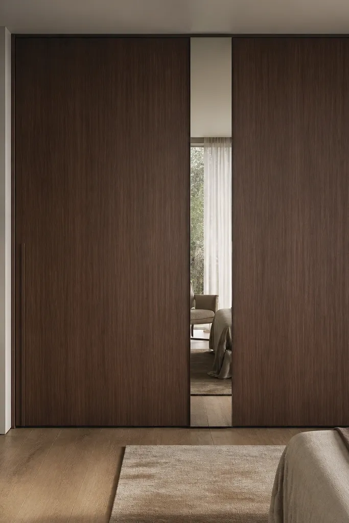 Two sliding doors in deep walnut veneer. In the center seam area, there is a narrow vertical mirror stripe that reflects the room. The rest of the face has minimal hardware, with a slim recessed handle line.