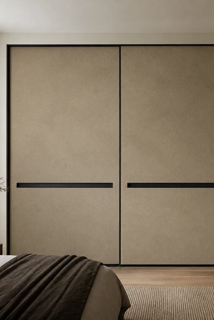 A sliding wardrobe with a sandy beige textured finish across both doors. Matte black recessed pulls run horizontally near the middle. There are no trims except a slim black border around the doors.