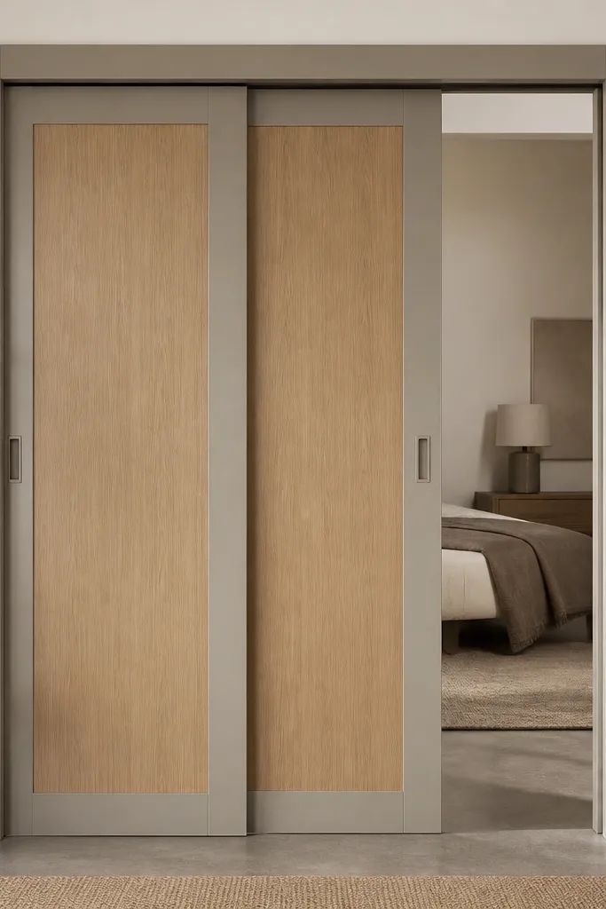 Sliding doors with a greige outer frame and oak-colored inner panels. The frame is smooth, and the oak inserts have a vertical wood grain. The doors slide on a concealed track with slim shadow gaps.