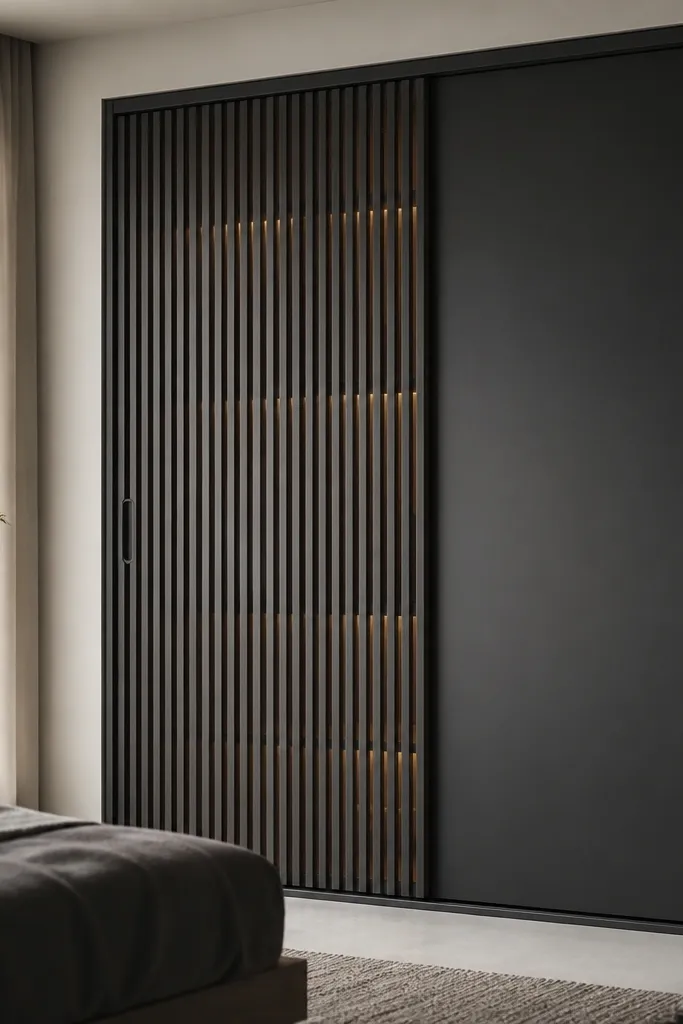 A sliding wardrobe with charcoal grey slatted panels on one door and solid charcoal on the other. Behind the slats, there's a warm light glow. The frame is minimal and the handles are recessed.