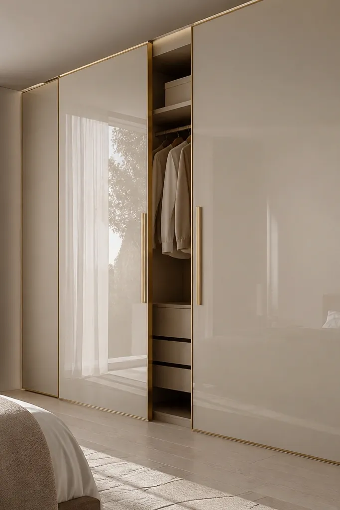 Sliding doors in high-gloss champagne panels. Thin brass-colored edge trims outline each door. The pulls are slim and metallic, aligned vertically near the seam.