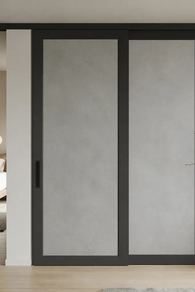 Two sliding doors with matte black frames and cement grey inner panels. The cement panels have a subtle concrete texture. The handles are recessed and the track line is straight.