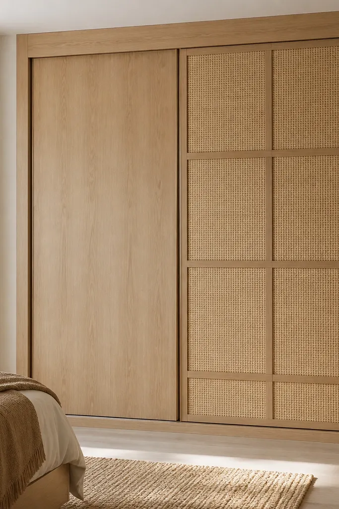 Sliding wardrobe with light teak laminate doors and rattan-look inserts on the right door. The rattan pattern is in a grid with visible natural texture. The left door is solid teak.