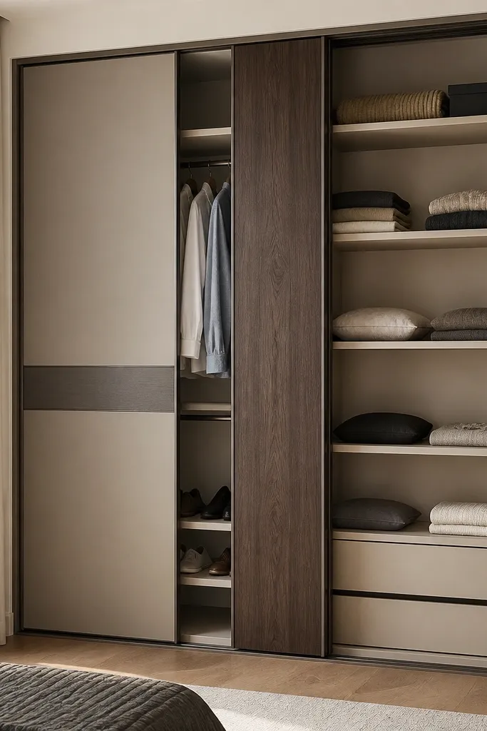 A sliding almirah where one door is mostly hanging space and the other has shelves. There's a tall vertical storage column panel in a different finish running from top to bottom.