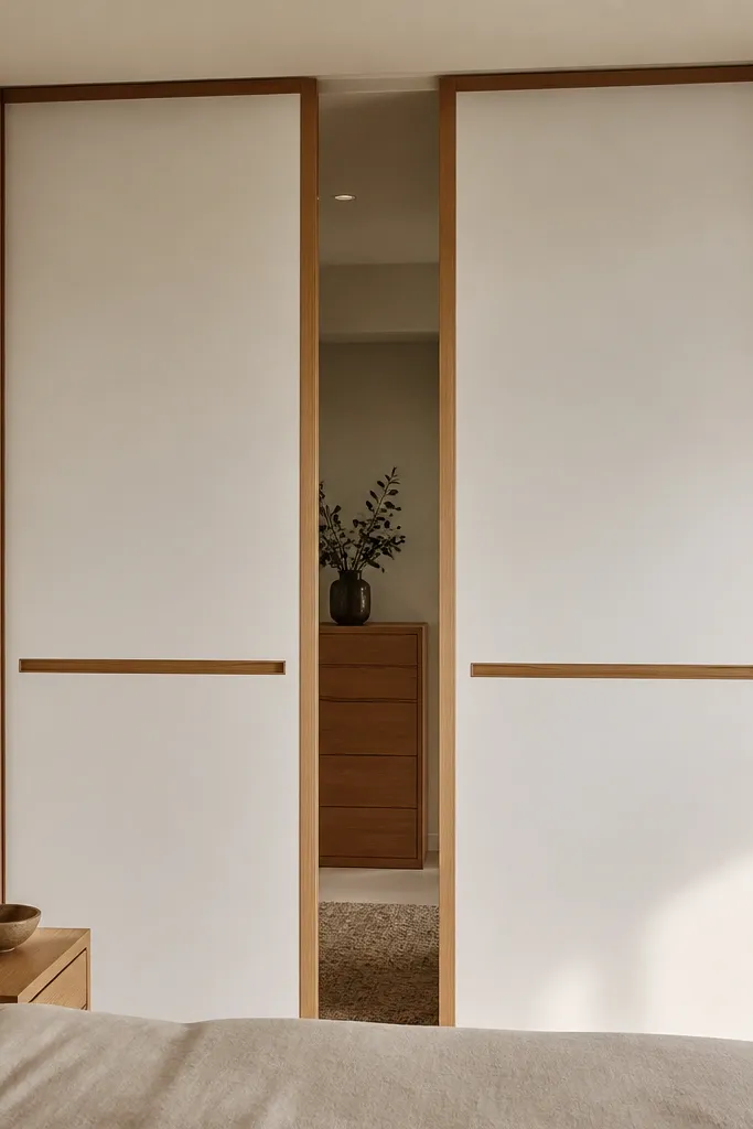 Sliding doors with oak frames and large white slab panels. The handles are recessed horizontal grooves at about chest height. The doors slide on a concealed track with clean shadow gaps.