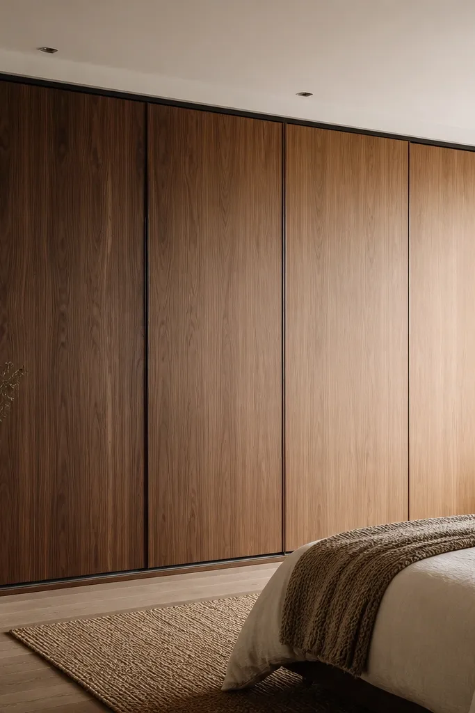 A sliding wardrobe with walnut veneer doors that gradually shift from darker walnut on the left to lighter walnut on the right. The transition is smooth and aligned with the door panels.